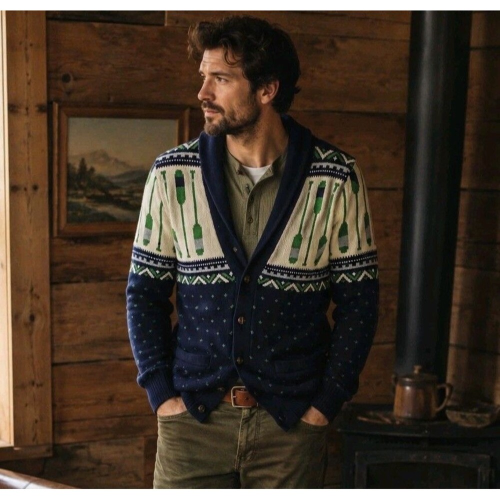 Merona Rowing Fisherman Cardigan Sweater Mens S Navy Shawl Collar Cabincore Cozy